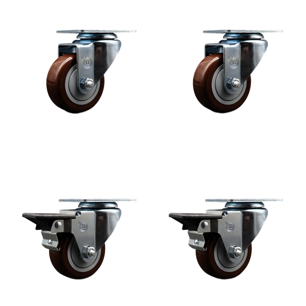 Polyurethane Swivel Top Plate Caster Set of 4 with 3 Inch Maroon Wheels - Includes 2 Swivel with Posi Locking Brakes and 2 Swivel - 1200 lbs. Total Capacity - Service Caster Brand — photo 1