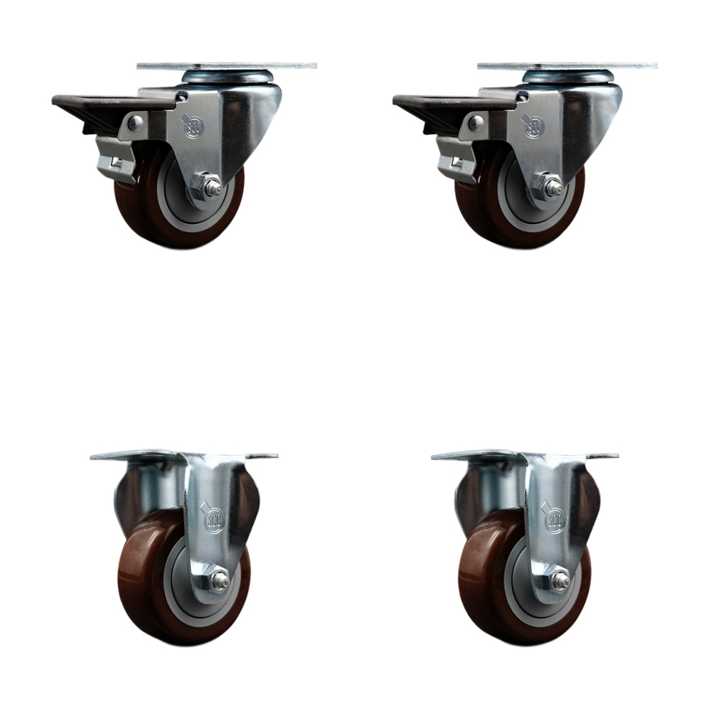 Polyurethane Swivel Top Plate Caster Set of 4 with 3 Inch Maroon Wheels - Includes 2 Swivel with Posi Locking Brakes and 2 Rigid - 1200 lbs. Total Capacity - Service Caster Brand — photo 1