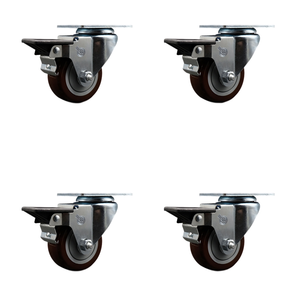 Polyurethane Swivel Top Plate Caster Set of 4 with 3 Inch Maroon Wheels - Includes 4 Swivel with Posi Lock Brakes - 1200 lbs. Total Capacity - Service Caster Brand — photo 1