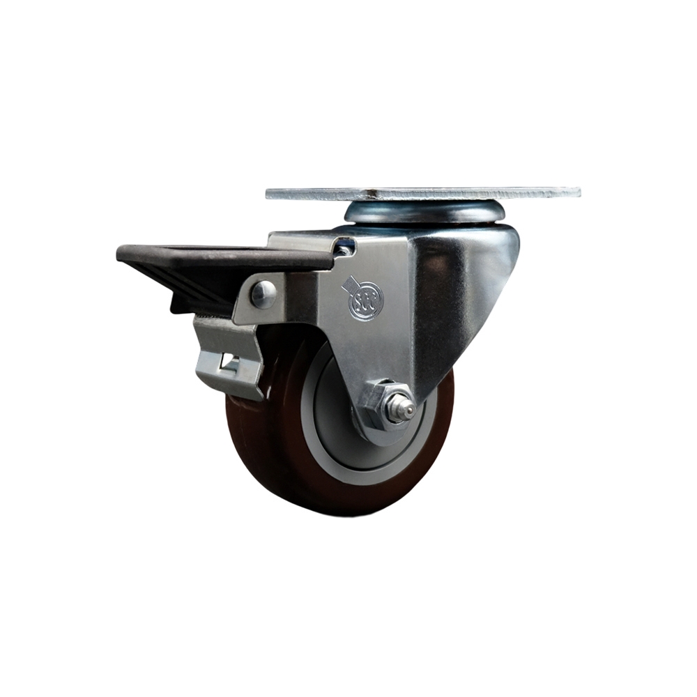 Polyurethane Swivel Top Plate Swivel Caster with 3 Inch Maroon Wheel and Posi Locking Brake - 300 lbs. Capacity Per Caster - Service Caster Brand — photo 1