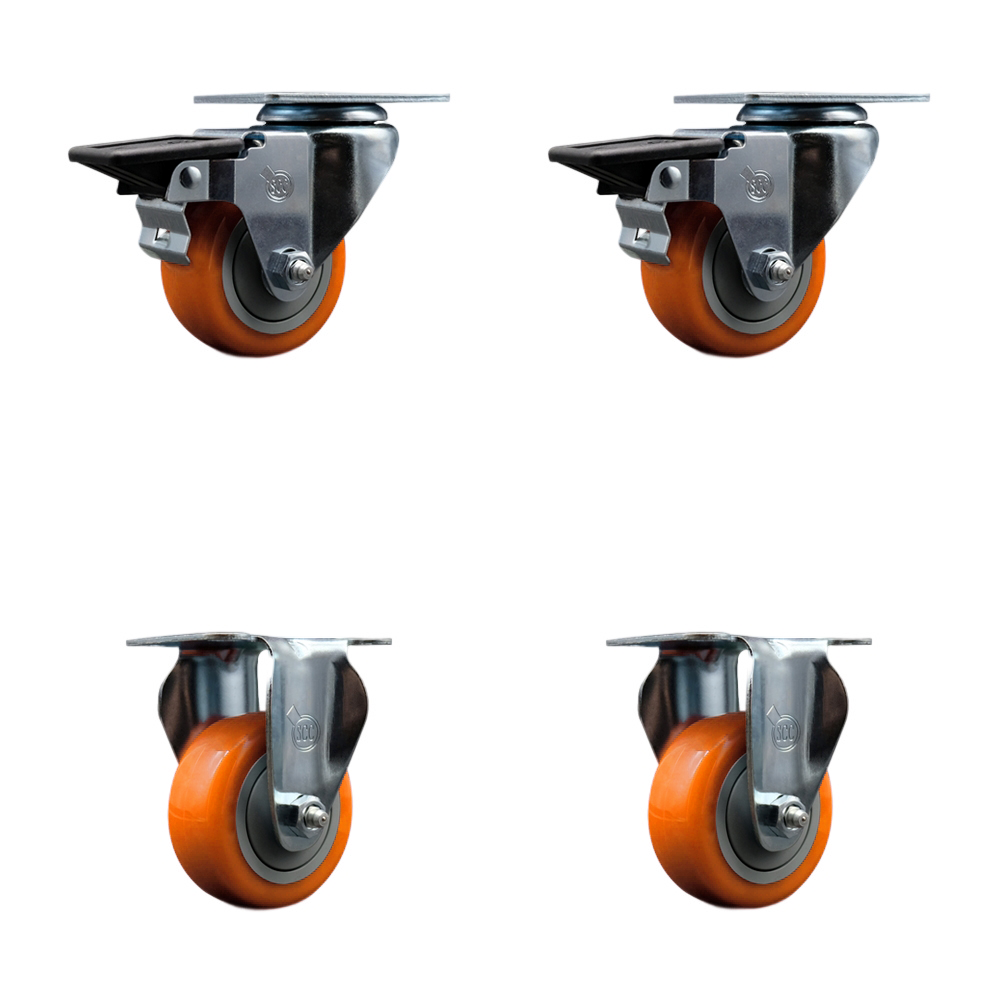 Polyurethane Swivel Top Plate Caster Set of 4 with 3 Inch Orange Wheels - Includes 2 Swivel with Posi Locking Brakes and 2 Rigid - 1200 lbs. Total Capacity - Service Caster Brand — photo 1