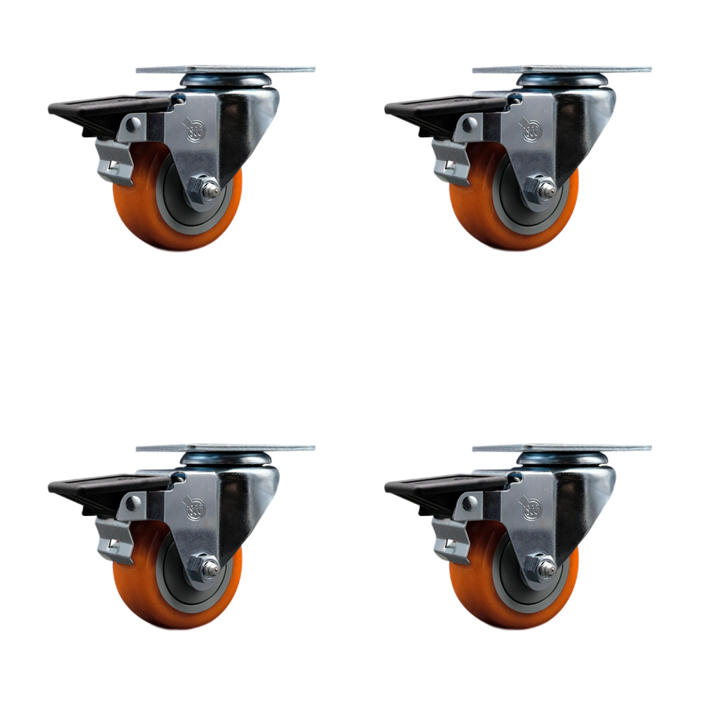 Polyurethane Swivel Top Plate Caster Set of 4 with 3 Inch Orange Wheels - Includes 4 Swivel with Posi Lock Brakes - 1200 lbs. Total Capacity - Service Caster Brand — photo 1