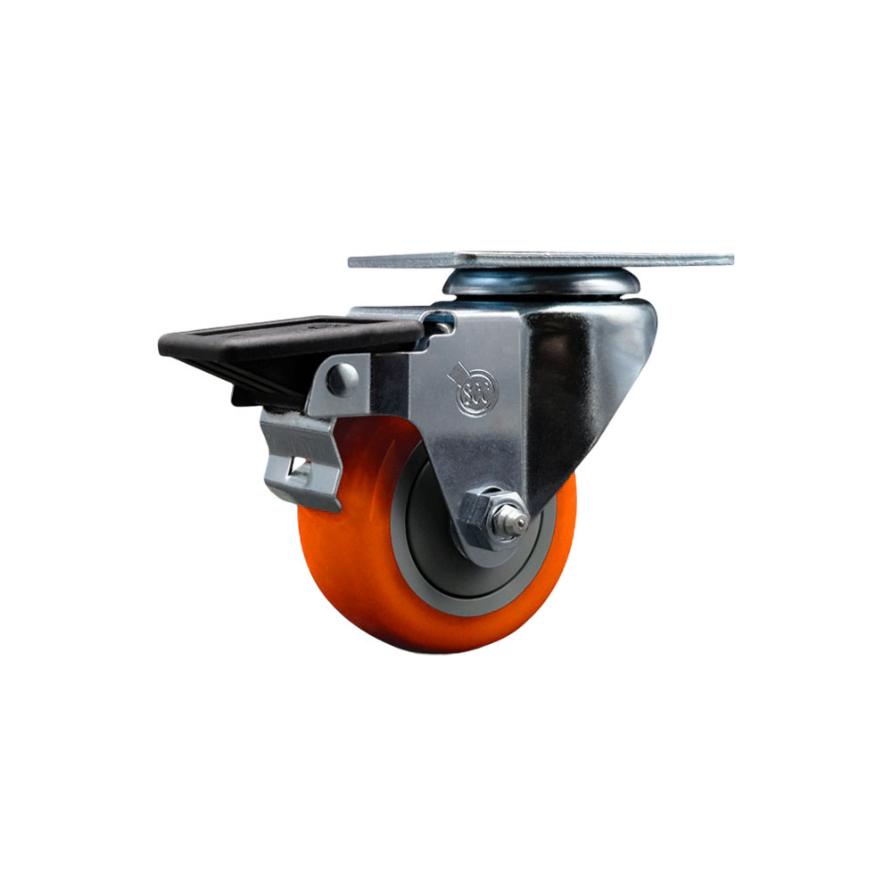 Polyurethane Swivel Top Plate Swivel Caster with 3 Inch Orange Wheel and Posi Locking Brake - 300 lbs. Capacity Per Caster - Service Caster Brand — photo 1