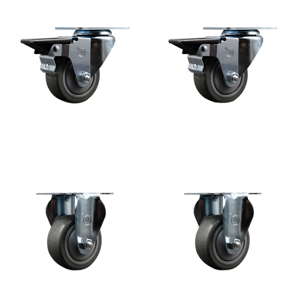 Polyurethane Swivel Top Plate Caster Set of 4 with 3 Inch Gray Wheels - Includes 2 Swivel with Posi Locking Brakes and 2 Rigid - 1200 lbs. Total Capacity - Service Caster Brand — photo 1