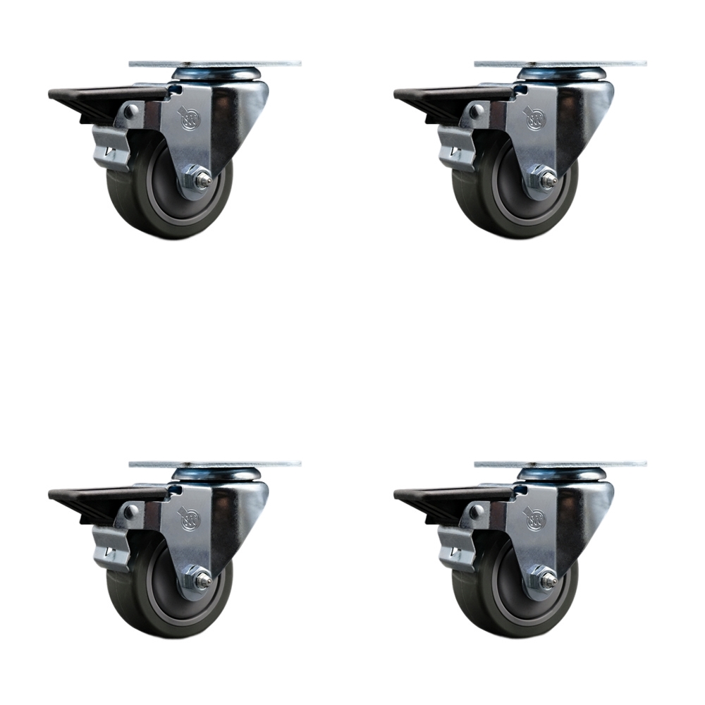 Polyurethane Swivel Top Plate Caster Set of 4 with 3 Inch Gray Wheels - Includes 4 Swivel with Posi Lock Brakes - 1200 lbs. Total Capacity - Service Caster Brand — photo 1