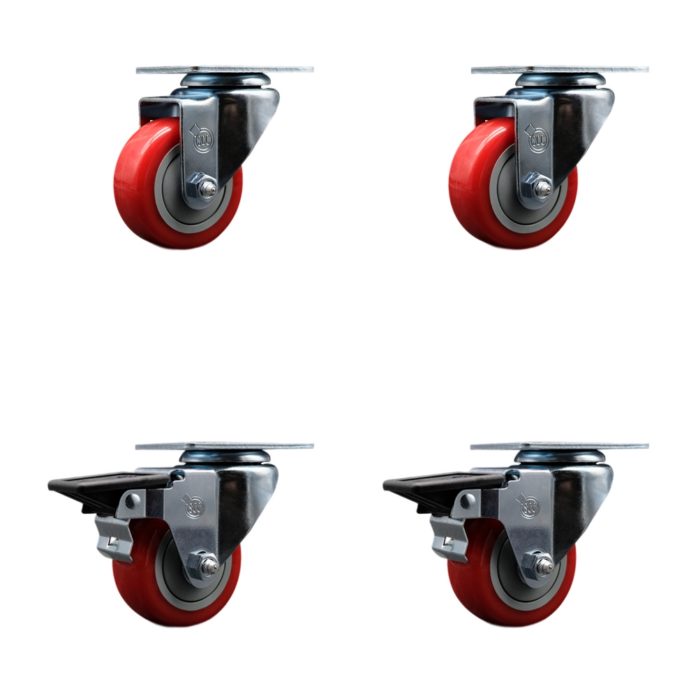 Polyurethane Swivel Top Plate Caster Set of 4 with 3 Inch Red Wheels - Includes 2 Swivel with Posi Locking Brakes and 2 Swivel - 1200 lbs. Total Capacity - Service Caster Brand — photo 1