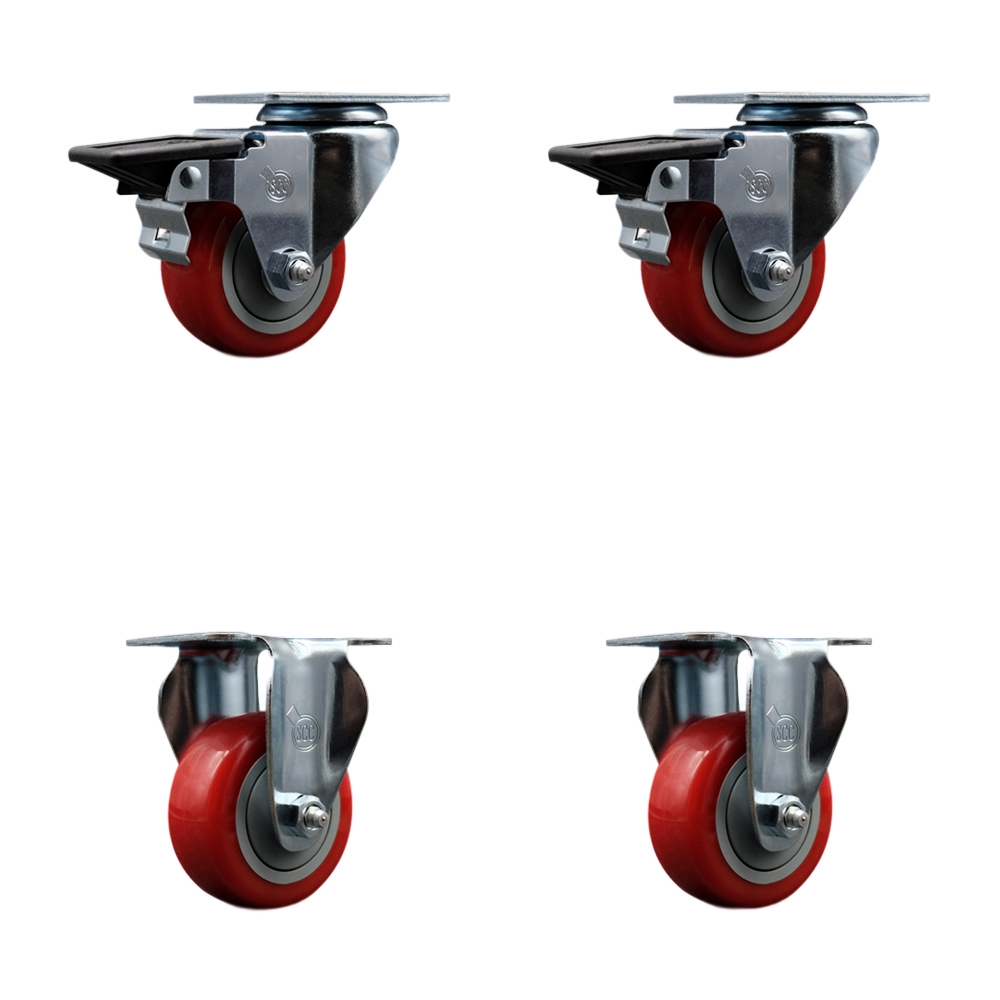 Polyurethane Swivel Top Plate Caster Set of 4 with 3 Inch Red Wheels - Includes 2 Swivel with Posi Locking Brakes and 2 Rigid - 1200 lbs. Total Capacity - Service Caster Brand — photo 1