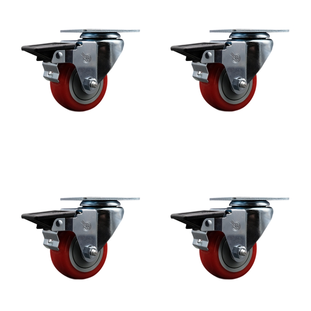 Polyurethane Swivel Top Plate Caster Set of 4 with 3 Inch Red Wheels - Includes 4 Swivel with Posi Lock Brakes - 1200 lbs. Total Capacity - Service Caster Brand — photo 1