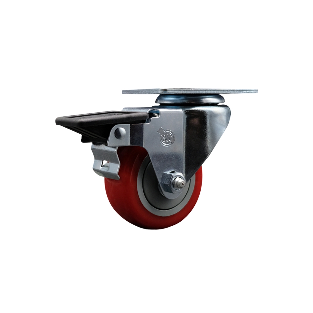 Polyurethane Swivel Top Plate Swivel Caster with 3 Inch Red Wheel and Posi Locking Brake - 300 lbs. Capacity Per Caster - Service Caster Brand — photo 1