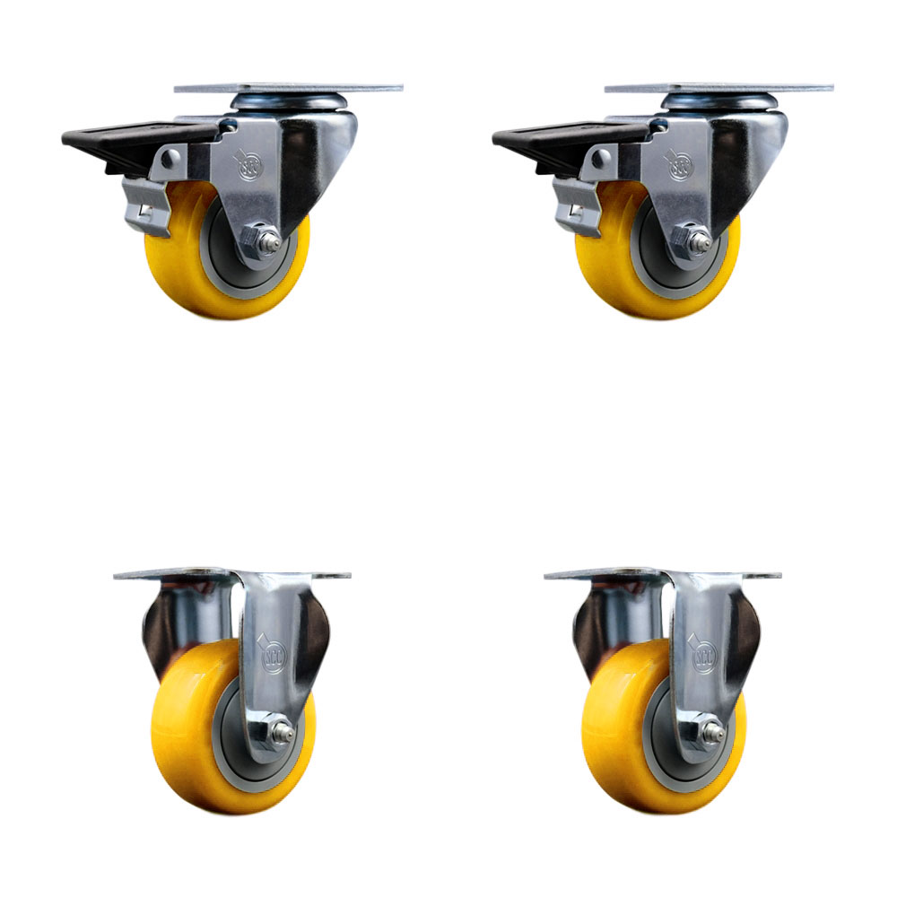 Polyurethane Swivel Top Plate Caster Set of 4 with 3 Inch Yellow Wheels - Includes 2 Swivel with Posi Locking Brakes and 2 Rigid - 1200 lbs. Total Capacity - Service Caster Brand — photo 1