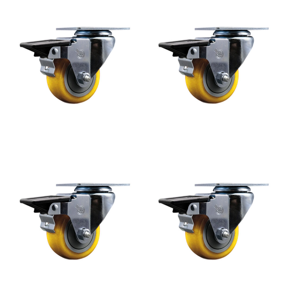 Polyurethane Swivel Top Plate Caster Set of 4 with 3 Inch Yellow Wheels - Includes 4 Swivel with Posi Lock Brakes - 1200 lbs. Total Capacity - Service Caster Brand — photo 1