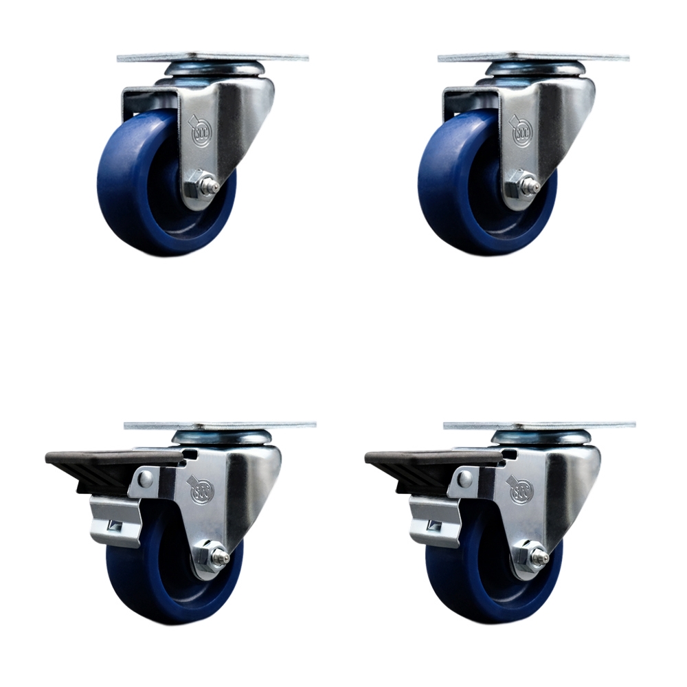 Solid Polyurethane Swivel Top Plate Caster Set of 4 with 3 Inch Blue Wheels - Includes 2 Swivel with Posi Locking Brakes and 2 Swivel - 1200 lbs. Total Capacity - Service Caster Brand — photo 1