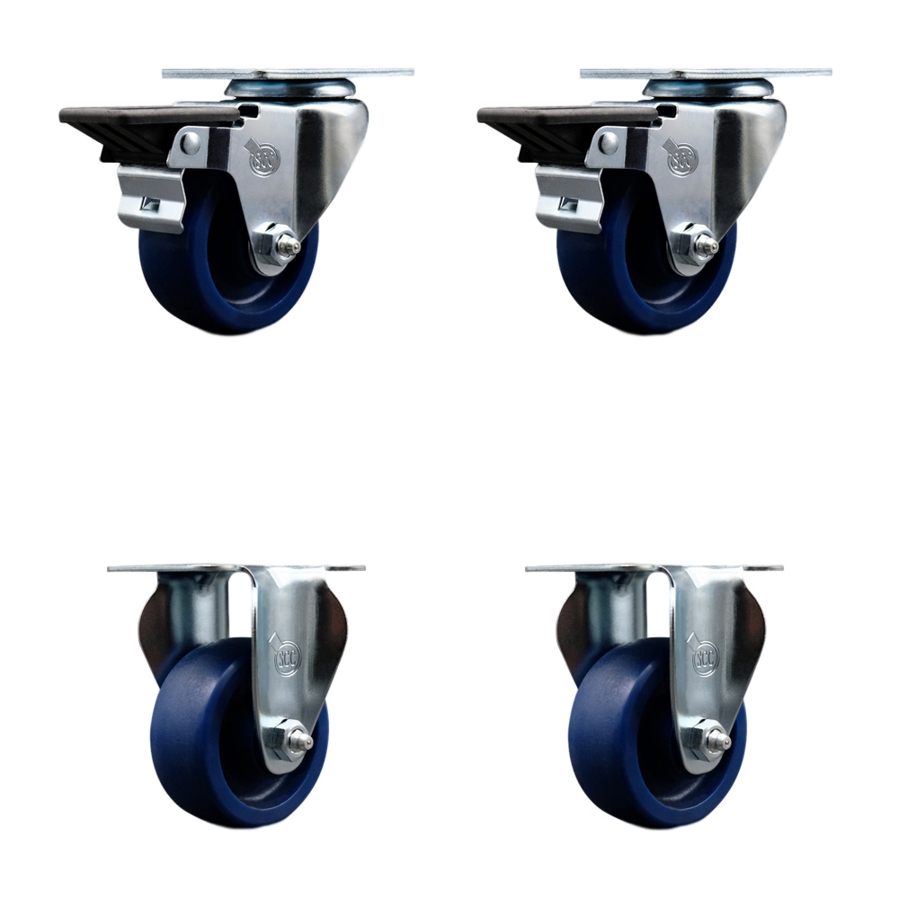 Solid Polyurethane Swivel Top Plate Caster Set of 4 with 3 Inch Blue Wheels - Includes 2 Swivel with Posi Locking Brakes and 2 Rigid - 1200 lbs. Total Capacity - Service Caster Brand — photo 1