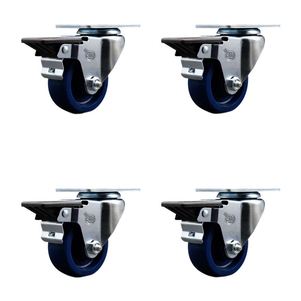 Solid Polyurethane Swivel Top Plate Caster Set of 4 with 3 Inch Blue Wheels - Includes 4 Swivel with Posi Lock Brakes - 1200 lbs. Total Capacity - Service Caster Brand — photo 1