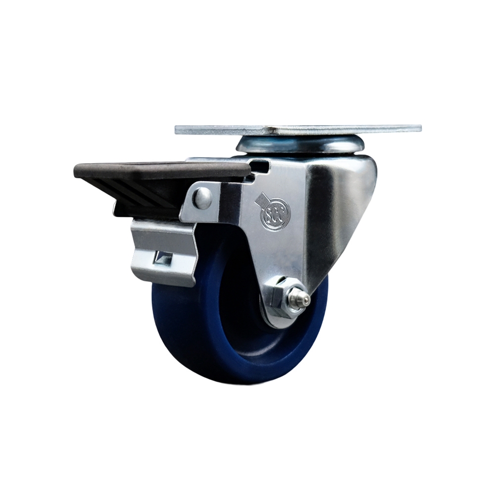 Solid Polyurethane Swivel Top Plate Swivel Caster with 3 Inch Blue Wheel and Posi Locking Brake - 300 lbs. Capacity Per Caster - Service Caster Brand — photo 1