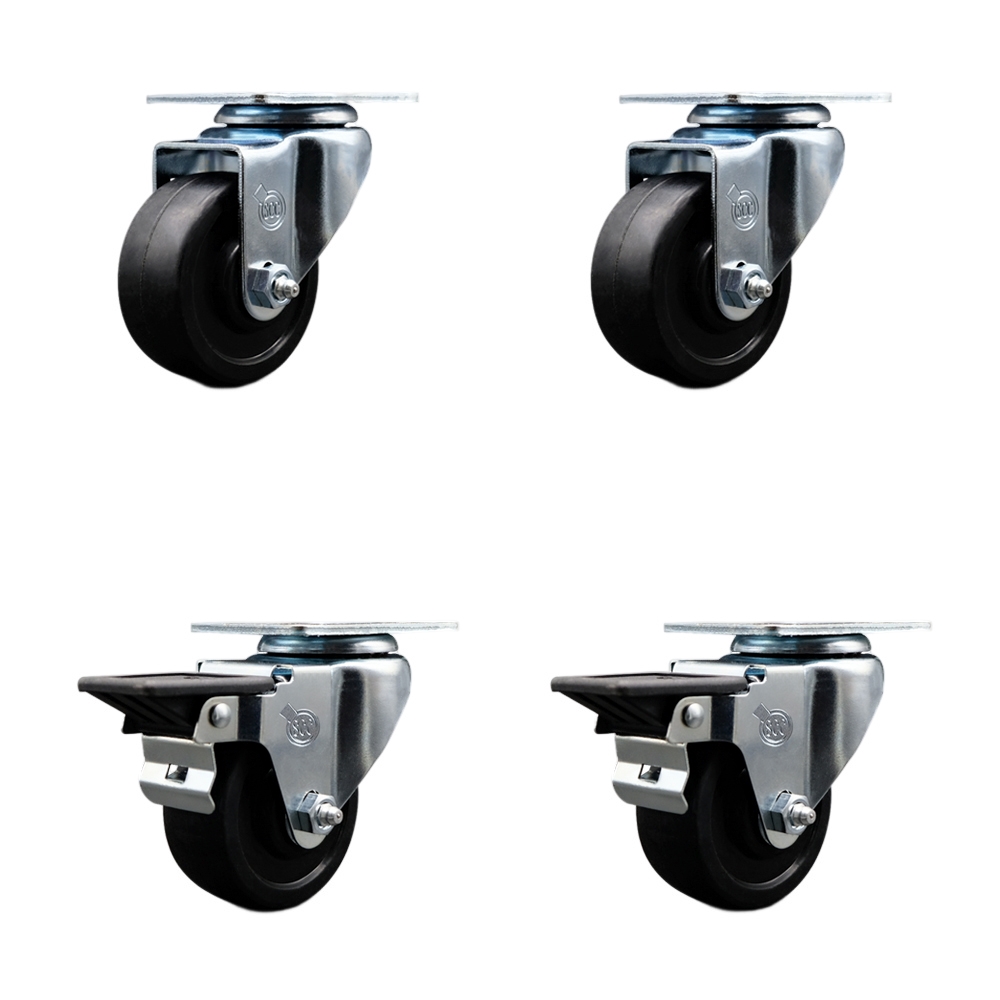 Soft Rubber Swivel Top Plate Caster Set of 4 with 3 Inch Black Wheels - Includes 2 Swivel with Posi Locking Brakes and 2 Swivel - 700 lbs. Total Capacity - Service Caster Brand — photo 1