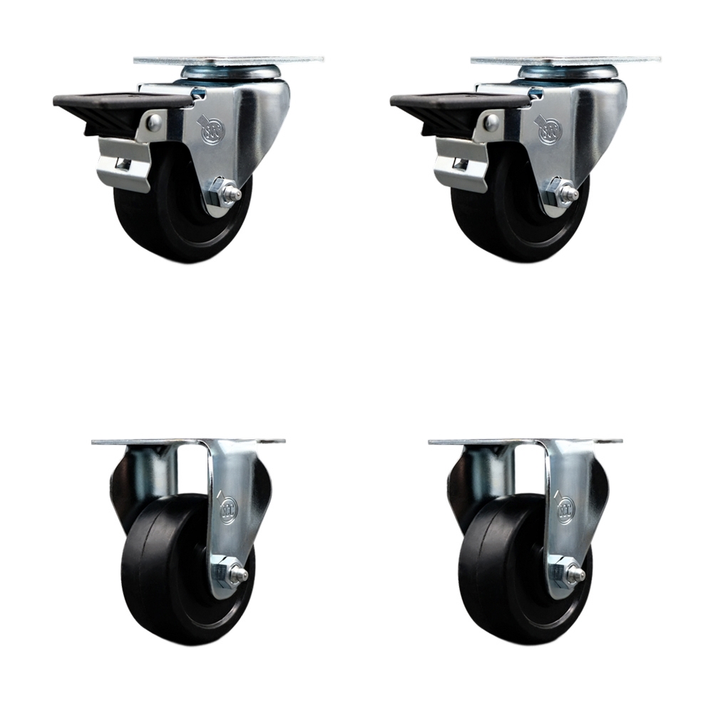 Soft Rubber Swivel Top Plate Caster Set of 4 with 3 Inch Black Wheels - Includes 2 Swivel with Posi Locking Brakes and 2 Rigid - 700 lbs. Total Capacity - Service Caster Brand — photo 1