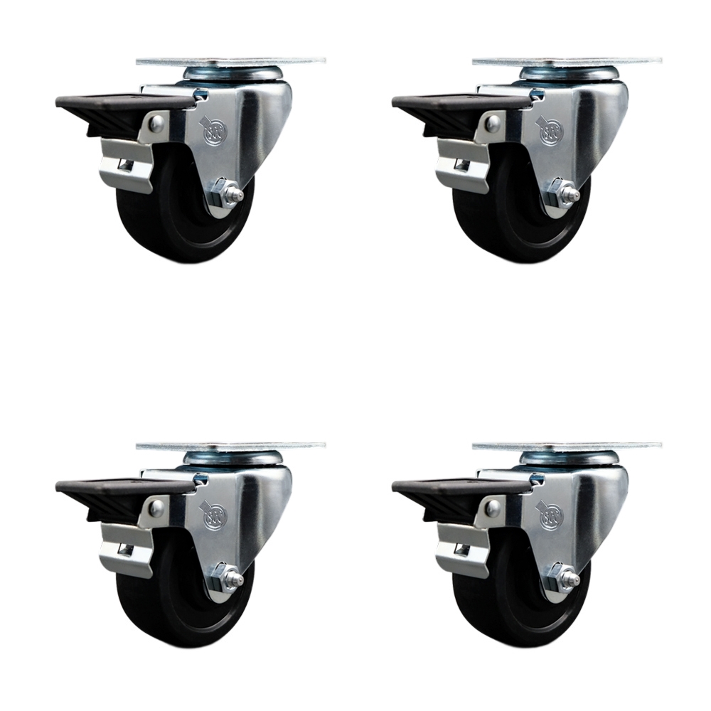 Soft Rubber Swivel Top Plate Caster Set of 4 with 3 Inch Black Wheels - Includes 4 Swivel with Posi Lock Brakes - 700 lbs. Total Capacity - Service Caster Brand — photo 1