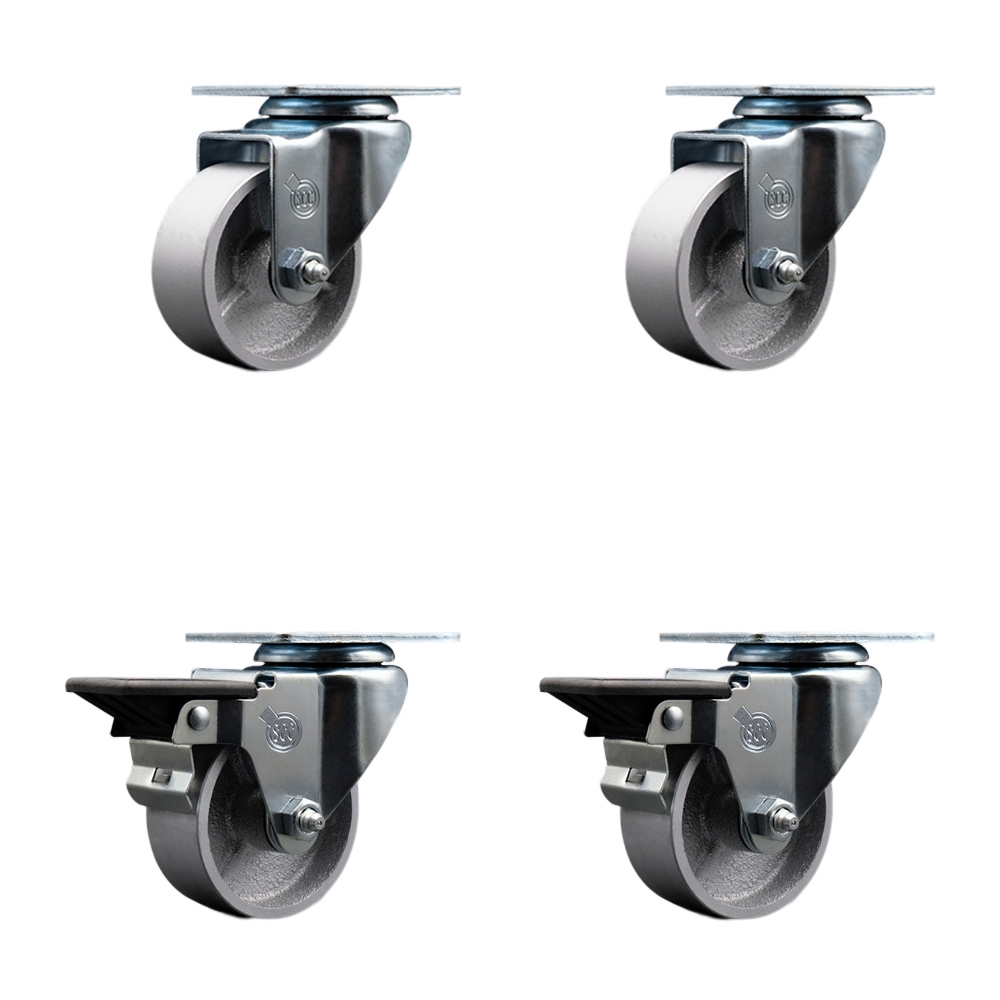 Semi Steel Cast Iron Swivel Top Plate Caster Set of 4 with 3 Inch Silver Wheels - Includes 2 Swivel with Posi Locking Brakes and 2 Swivel - 1200 lbs. Total Capacity - Service Caster Brand — photo 1