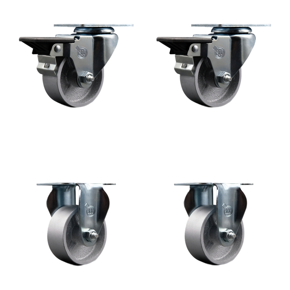 Semi Steel Cast Iron Swivel Top Plate Caster Set of 4 with 3 Inch Silver Wheels - Includes 2 Swivel with Posi Locking Brakes and 2 Rigid - 1200 lbs. Total Capacity - Service Caster Brand — photo 1