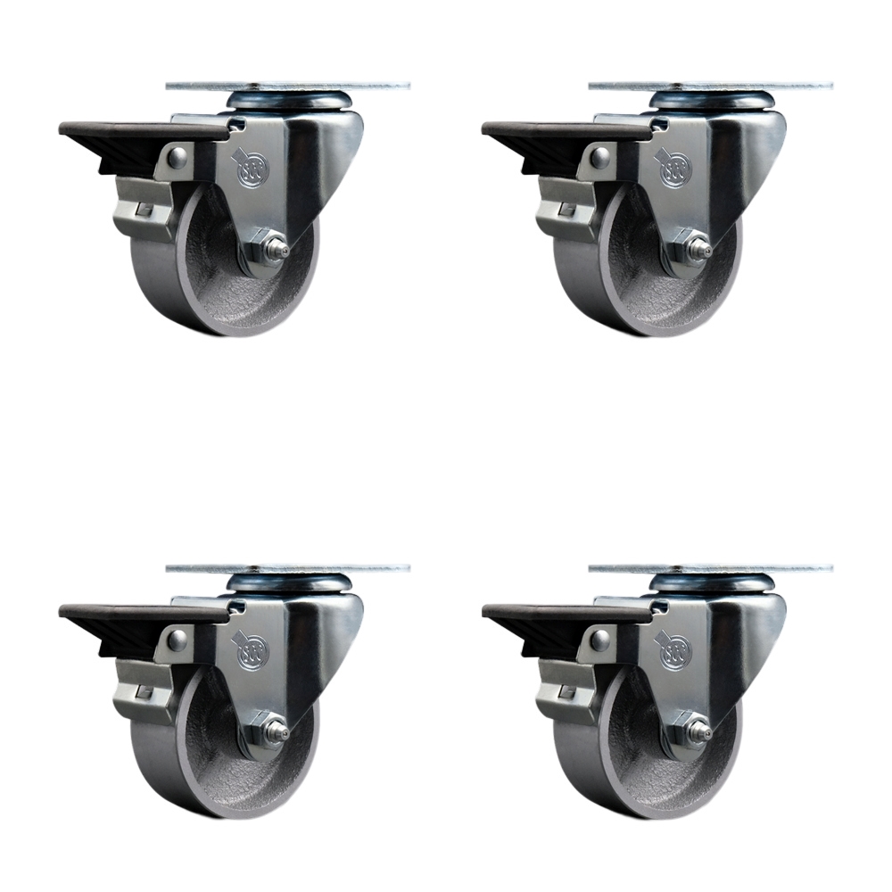 Semi Steel Cast Iron Swivel Top Plate Caster Set of 4 with 3 Inch Silver Wheels - Includes 4 Swivel with Posi Lock Brakes - 1200 lbs. Total Capacity - Service Caster Brand — photo 1