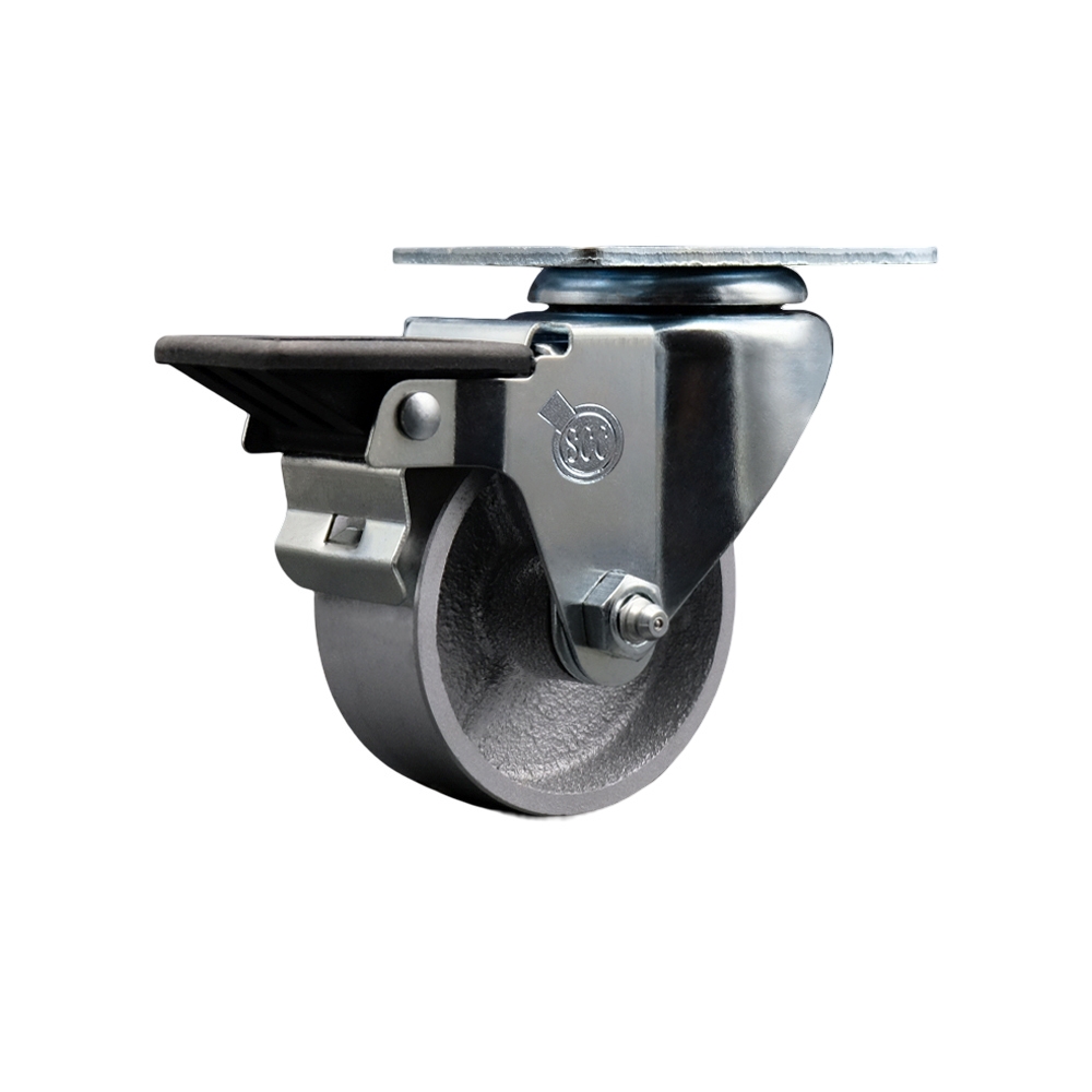 Semi Steel Cast Iron Swivel Top Plate Swivel Caster with 3 Inch Blue Wheel and Posi Locking Brake - 300 lbs. Capacity Per Caster - Service Caster Brand — photo 1