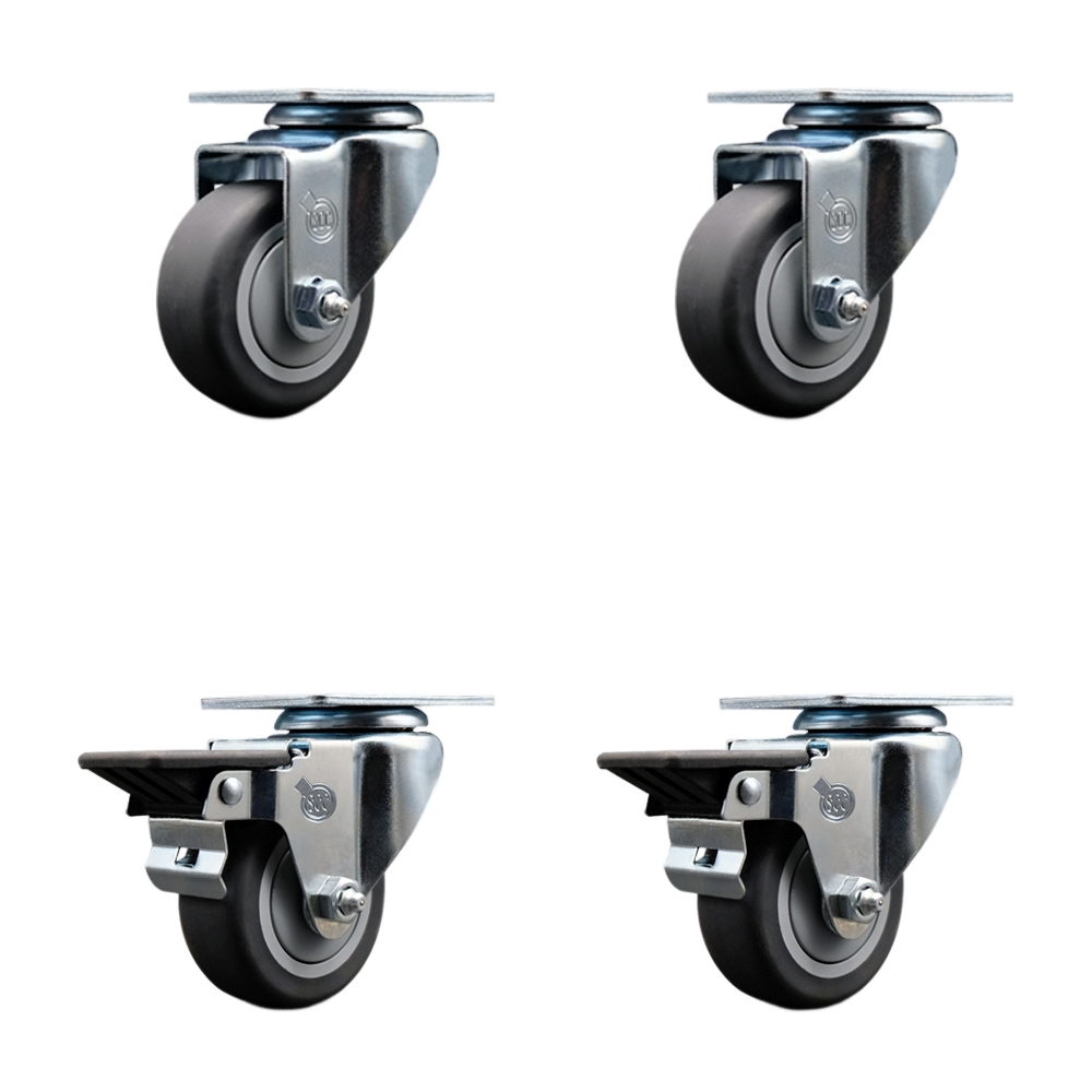 Thermoplastic Rubber Swivel Top Plate Caster Set of 4 with 3 Inch Gray Wheels - Includes 2 Swivel with Posi Locking Brakes and 2 Swivel - 840 lbs. Total Capacity - Service Caster Brand — photo 1