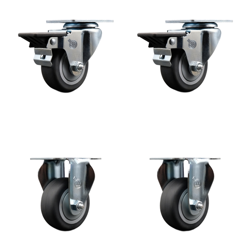 Thermoplastic Rubber Swivel Top Plate Caster Set of 4 with 3 Inch Gray Wheels - Includes 2 Swivel with Posi Locking Brakes and 2 Rigid - 840 lbs. Total Capacity - Service Caster Brand — photo 1