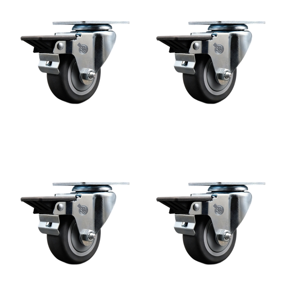Thermoplastic Rubber Swivel Top Plate Caster Set of 4 with 3 Inch Gray Wheels - Includes 4 Swivel with Posi Lock Brakes - 840 lbs. Total Capacity - Service Caster Brand — photo 1