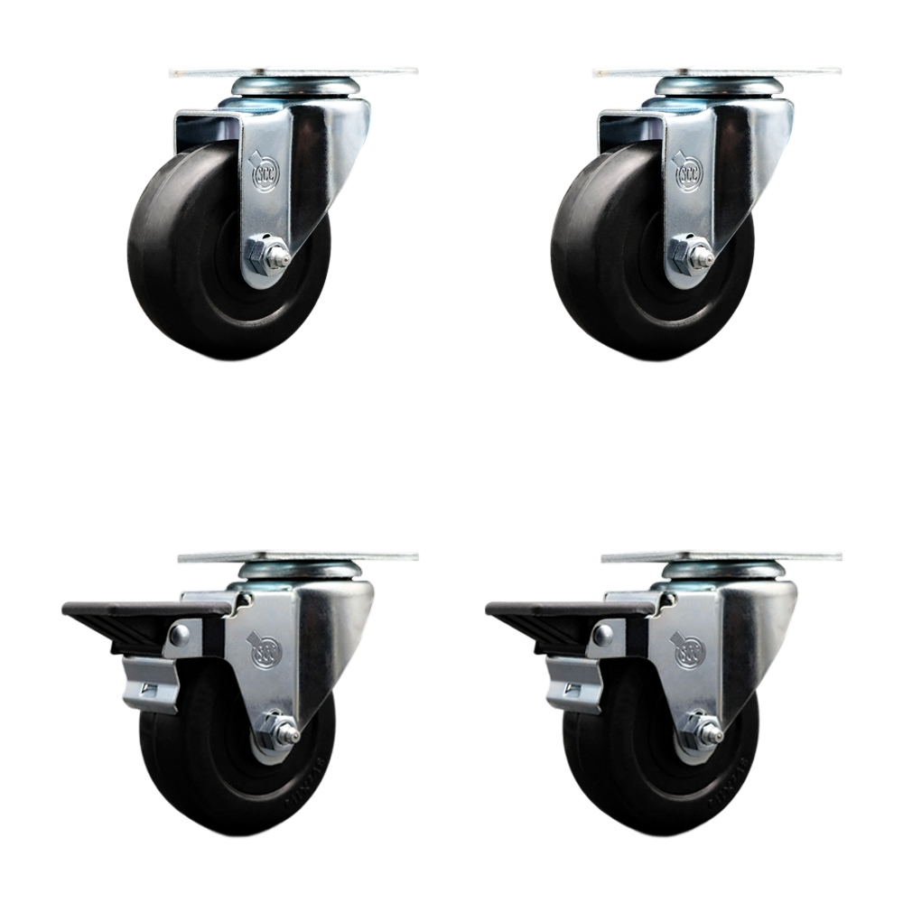 Hard Rubber Swivel Top Plate Caster Set of 4 with 3.5 Inch Black Wheels - Includes 2 Swivel with Posi Locking Brakes and 2 Swivel - 1140 lbs. Total Capacity - Service Caster Brand — photo 1