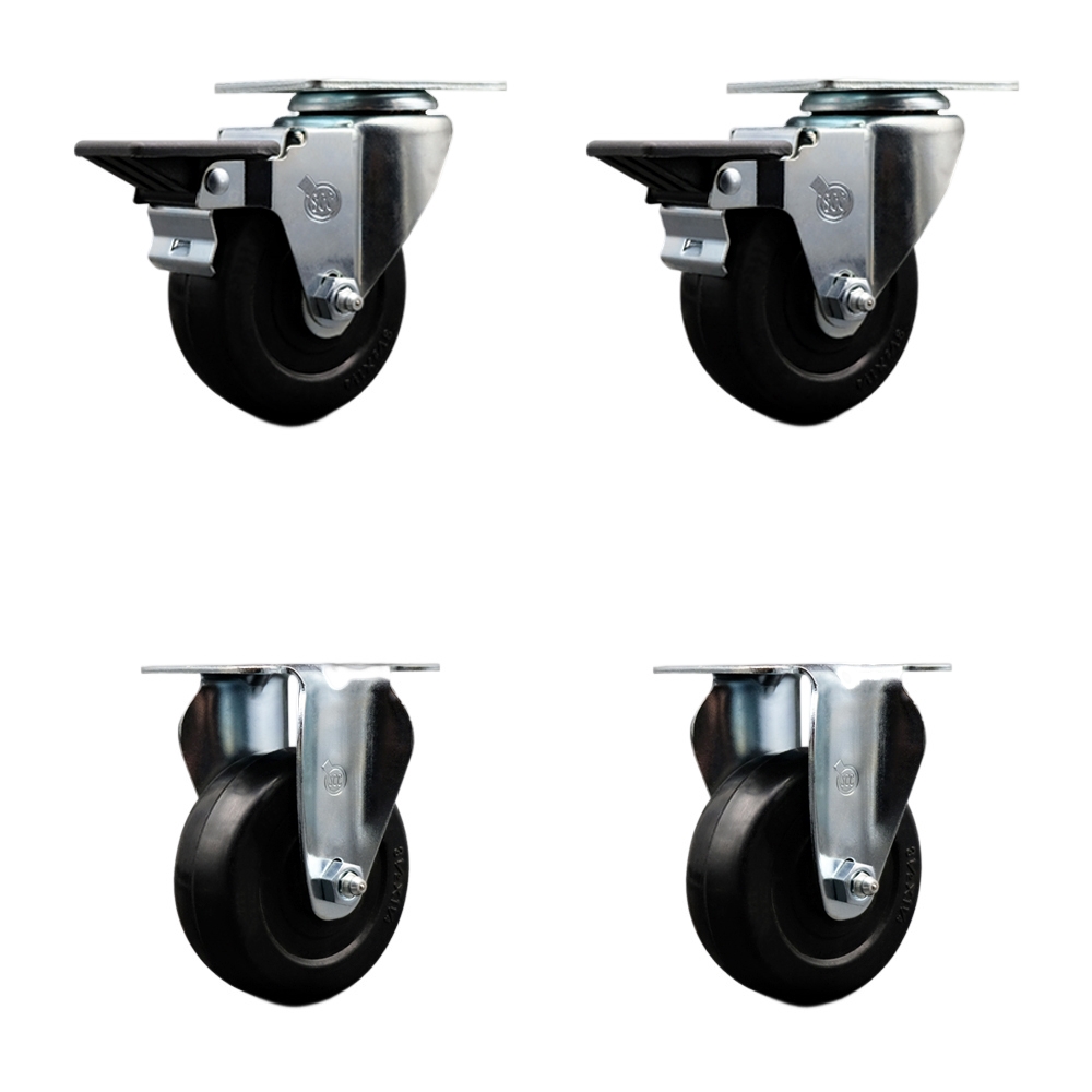 Hard Rubber Swivel Top Plate Caster Set of 4 with 3.5 Inch Black Wheels - Includes 2 Swivel with Posi Locking Brakes and 2 Rigid - 1140 lbs. Total Capacity - Service Caster Brand — photo 1
