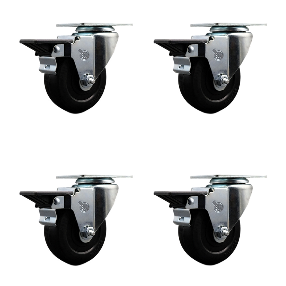 Hard Rubber Swivel Top Plate Caster Set of 4 with 3.5 Inch Black Wheels - Includes 4 Swivel with Posi Lock Brakes - 1140 lbs. Total Capacity - Service Caster Brand — photo 1