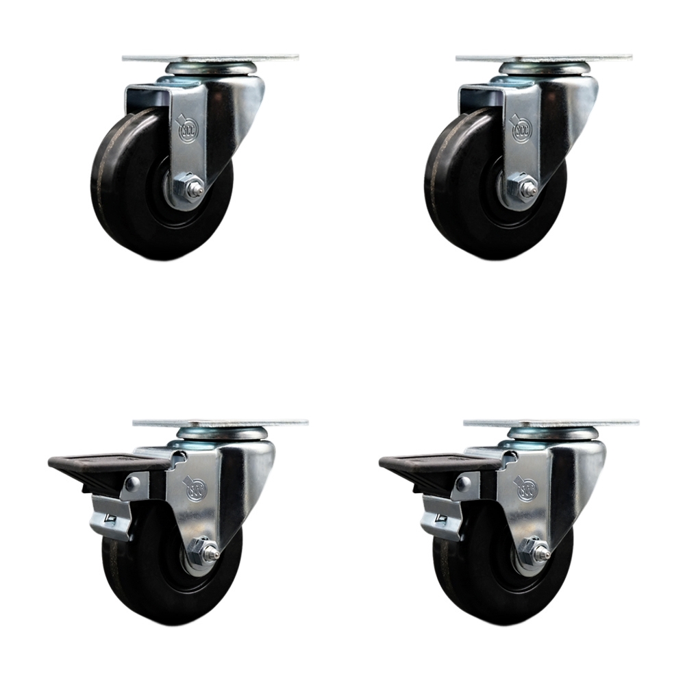 Phenolic Swivel Top Plate Caster Set of 4 with 3.5 Inch Black Wheels with Roller Bearings - Includes 2 Swivel with Posi Locking Brakes and 2 Swivel - 1200 lbs. Total Capacity - Service Caster Brand — photo 1