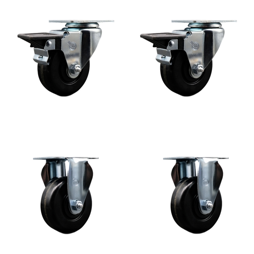 Phenolic Swivel Top Plate Caster Set of 4 with 3.5 Inch Black Wheels with Roller Bearings - Includes 2 Swivel with Posi Locking Brakes and 2 Rigid - 1200 lbs. Total Capacity - Service Caster Brand — photo 1