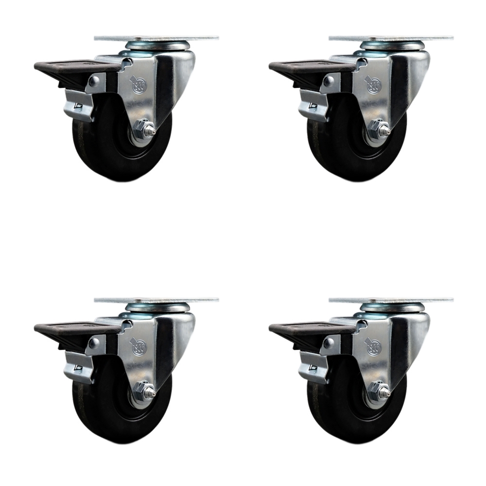 Phenolic Swivel Top Plate Caster Set of 4 with 3.5 Inch Black Wheels - Includes 4 Swivel with Posi Lock Brakes - 1200 lbs. Total Capacity - Service Caster Brand — photo 1