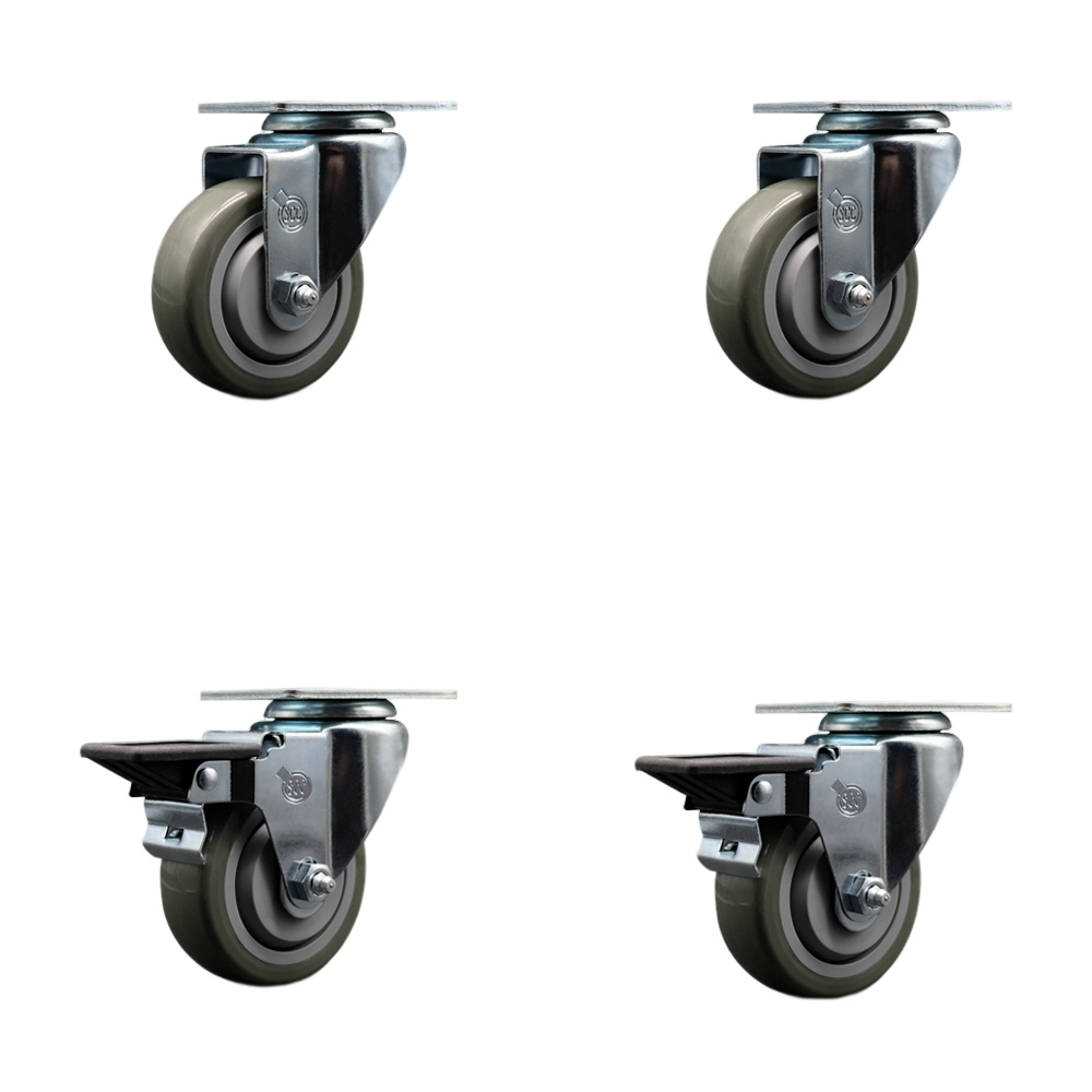 Polyurethane Swivel Top Plate Caster Set of 4 with 3.5 Inch Gray Wheels - Includes 2 Swivel with Posi Locking Brakes and 2 Swivel - 1200 lbs. Total Capacity - Service Caster Brand — photo 1