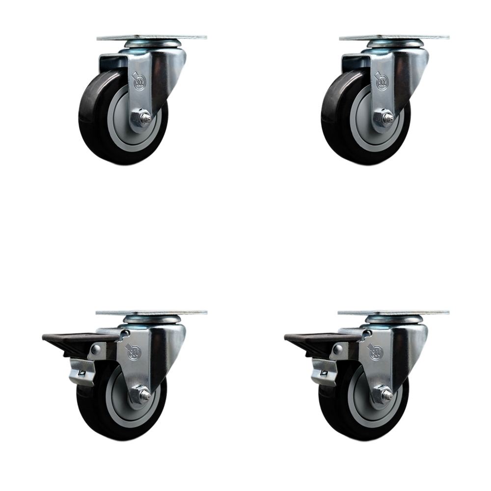 Polyurethane Swivel Top Plate Caster Set of 4 with 3.5 Inch Black Wheels - Includes 2 Swivel with Posi Locking Brakes and 2 Swivel - 1200 lbs. Total Capacity - Service Caster Brand — photo 1