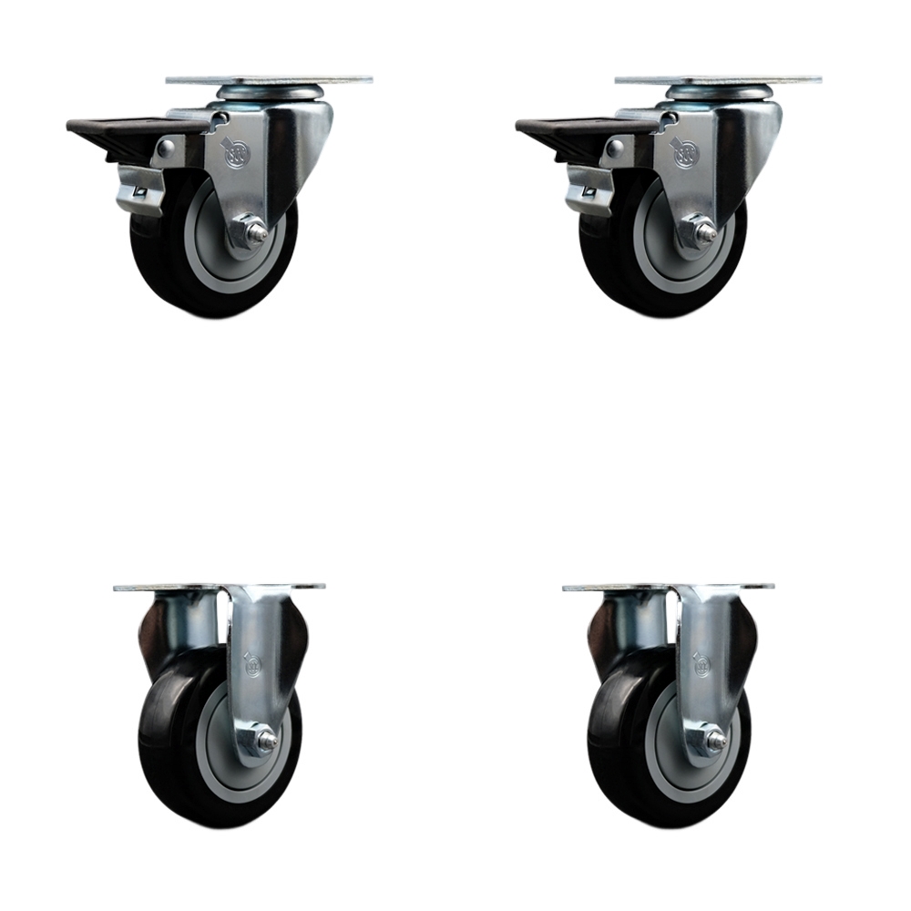 Polyurethane Swivel Top Plate Caster Set of 4 with 3.5 Inch Black Wheels - Includes 2 Swivel with Posi Locking Brakes and 2 Rigid - 1200 lbs. Total Capacity - Service Caster Brand — photo 1