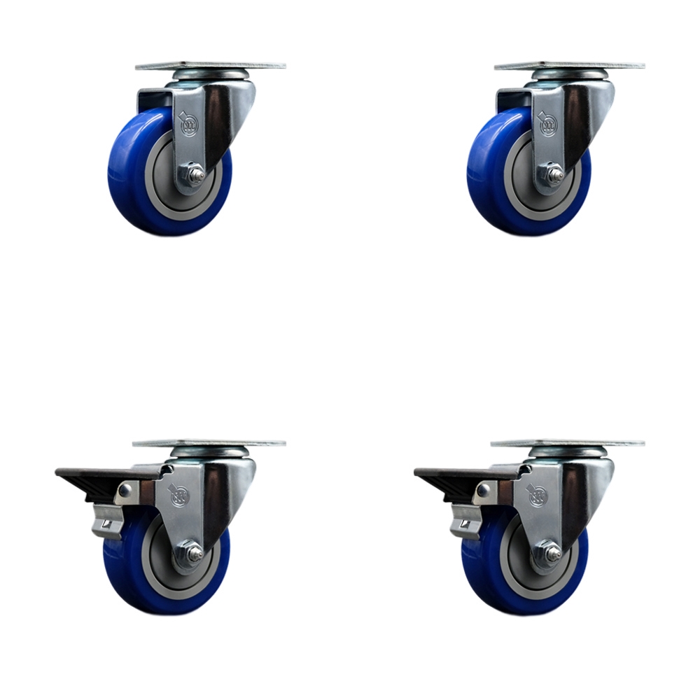 Polyurethane Swivel Top Plate Caster Set of 4 with 3.5 Inch Blue Wheels - Includes 2 Swivel with Posi Locking Brakes and 2 Swivel - 1200 lbs. Total Capacity - Service Caster Brand — photo 1