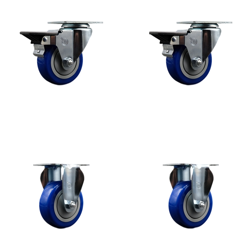 Polyurethane Swivel Top Plate Caster Set of 4 with 3.5 Inch Blue Wheels - Includes 2 Swivel with Posi Locking Brakes and 2 Rigid - 1200 lbs. Total Capacity - Service Caster Brand — photo 1
