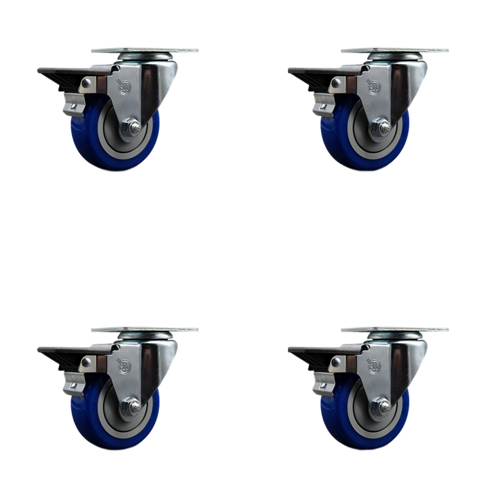 Polyurethane Swivel Top Plate Caster Set of 4 with 3.5 Inch Blue Wheels - Includes 4 Swivel with Posi Lock Brakes - 1200 lbs. Total Capacity - Service Caster Brand — photo 1