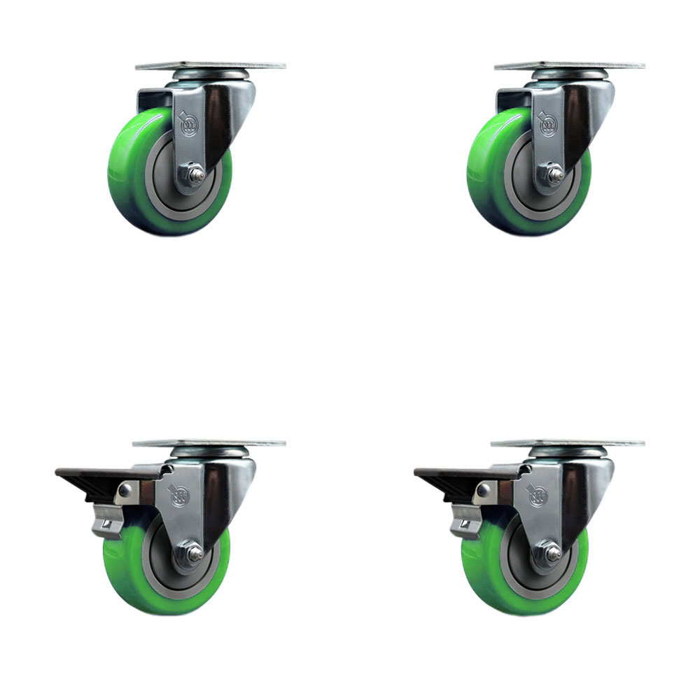 Polyurethane Swivel Top Plate Caster Set of 4 with 3.5 Inch Green Wheels - Includes 2 Swivel with Posi Locking Brakes and 2 Swivel - 1200 lbs. Total Capacity - Service Caster Brand — photo 1