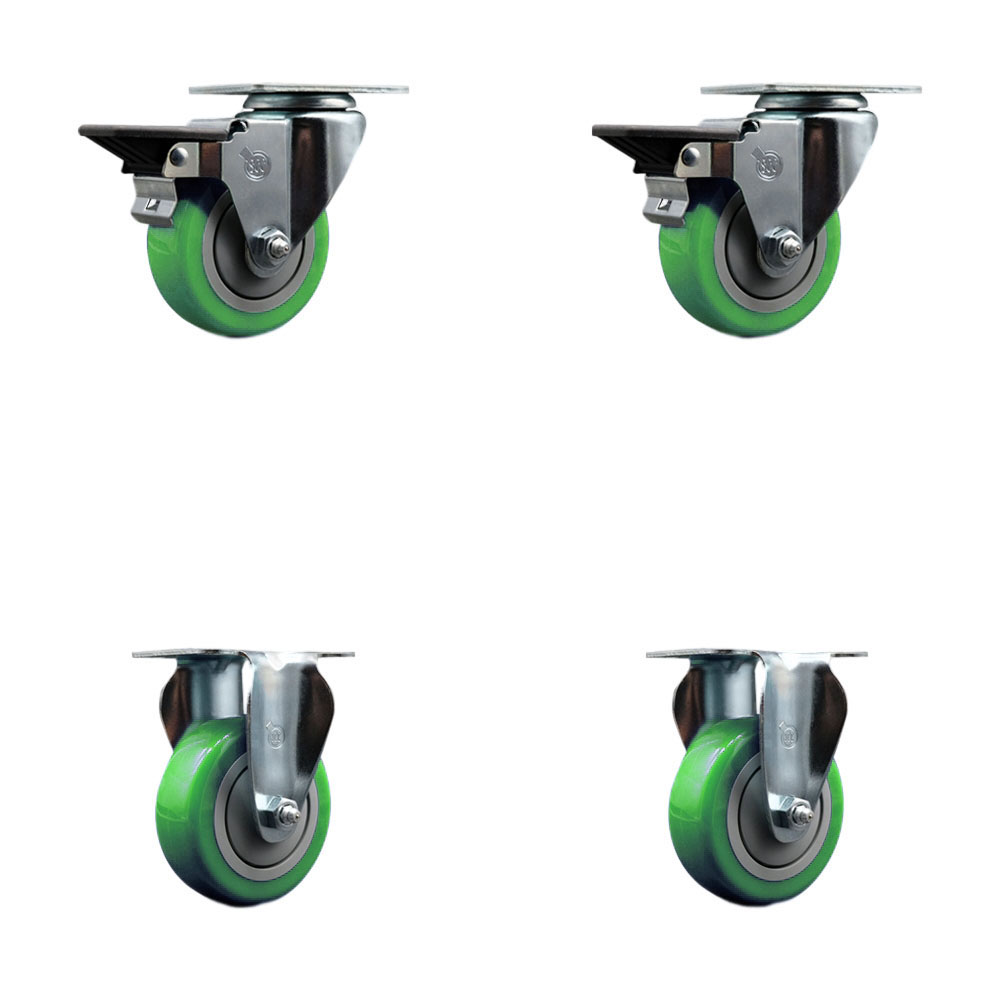 Polyurethane Swivel Top Plate Caster Set of 4 with 3.5 Inch Green Wheels - Includes 2 Swivel with Posi Locking Brakes and 2 Rigid - 1200 lbs. Total Capacity - Service Caster Brand — photo 1