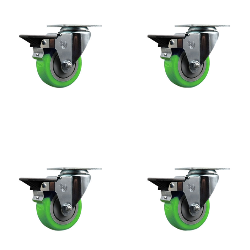 Polyurethane Swivel Top Plate Caster Set of 4 with 3.5 Inch Green Wheels - Includes 4 Swivel with Posi Lock Brakes - 1200 lbs. Total Capacity - Service Caster Brand — photo 1