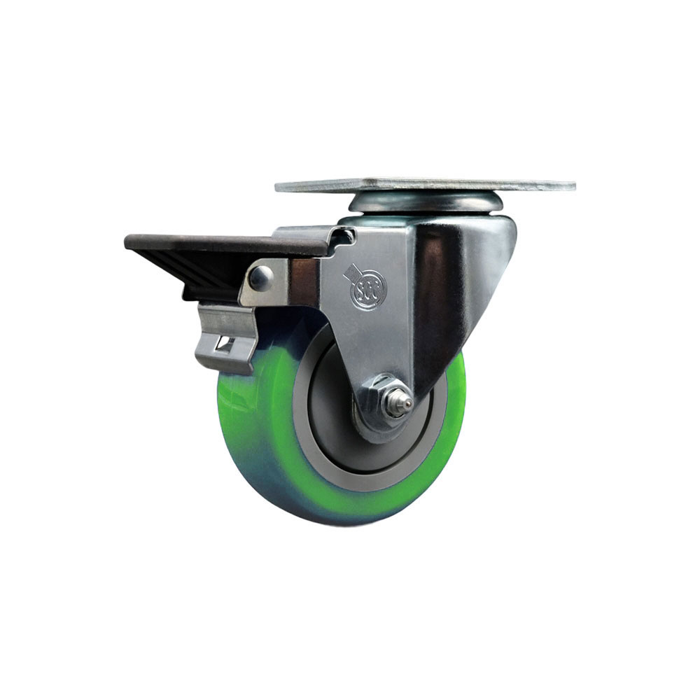 Polyurethane Swivel Top Plate Swivel Caster with 3.5 Inch Green Wheel and Posi Locking Brake - 300 lbs. Capacity Per Caster - Service Caster Brand — photo 1