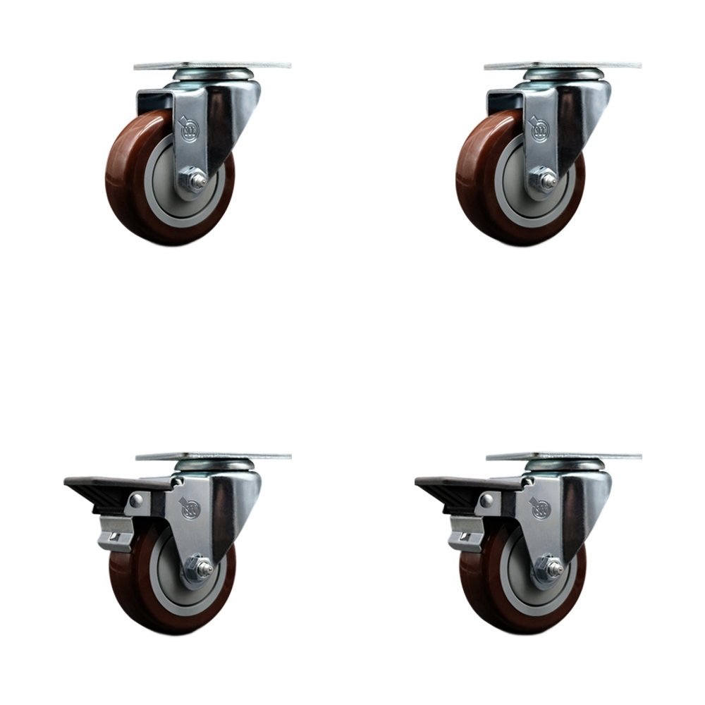 Polyurethane Swivel Top Plate Caster Set of 4 with 3.5 Inch Maroon Wheels - Includes 2 Swivel with Posi Locking Brakes and 2 Swivel - 1200 lbs. Total Capacity - Service Caster Brand — photo 1