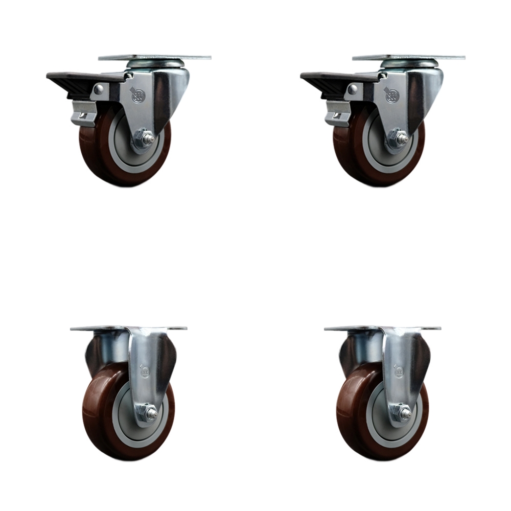 Polyurethane Swivel Top Plate Caster Set of 4 with 3.5 Inch Maroon Wheels - Includes 2 Swivel with Posi Locking Brakes and 2 Rigid - 1200 lbs. Total Capacity - Service Caster Brand — photo 1