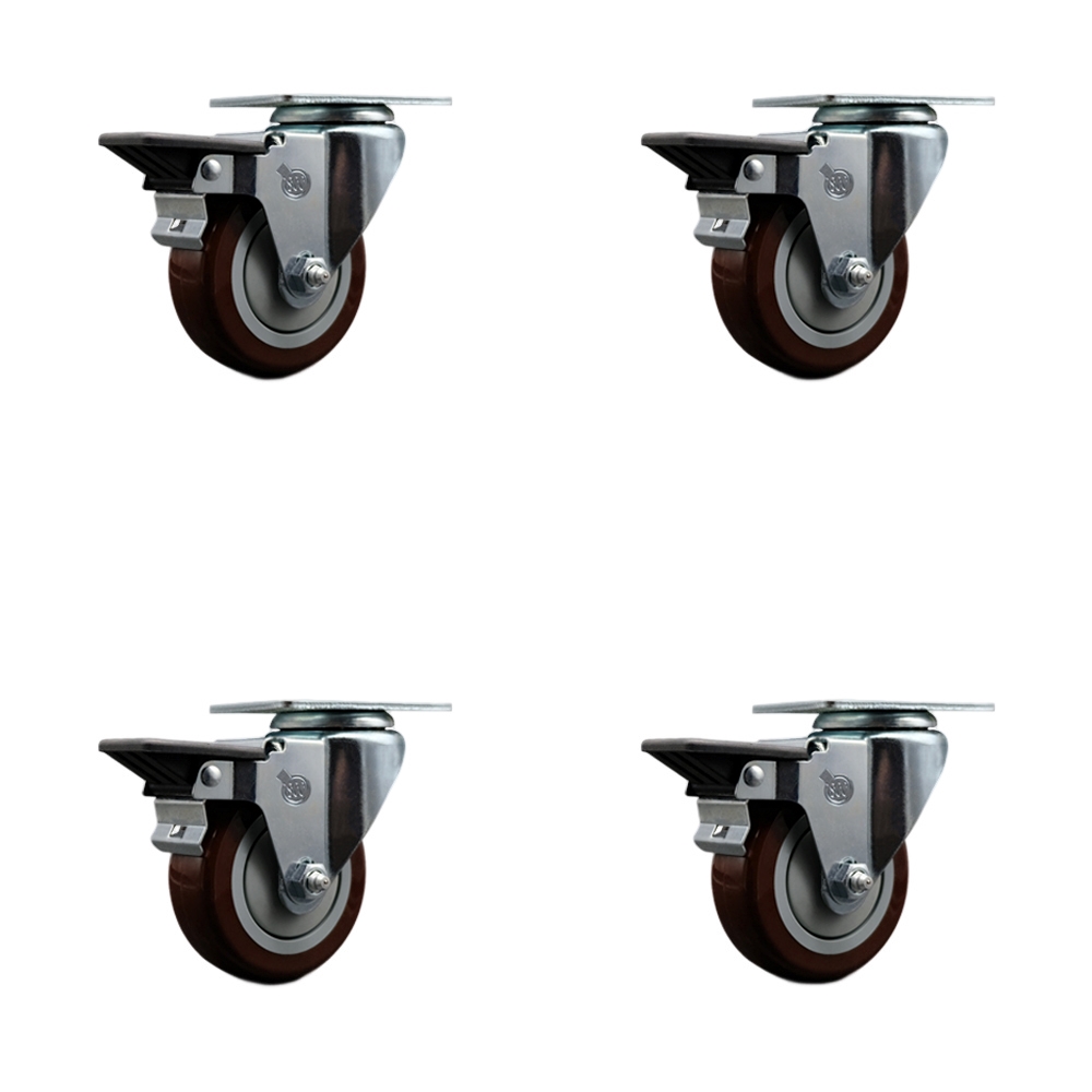 Polyurethane Swivel Top Plate Caster Set of 4 with 3.5 Inch Maroon Wheels - Includes 4 Swivel with Posi Lock Brakes - 1200 lbs. Total Capacity - Service Caster Brand — photo 1