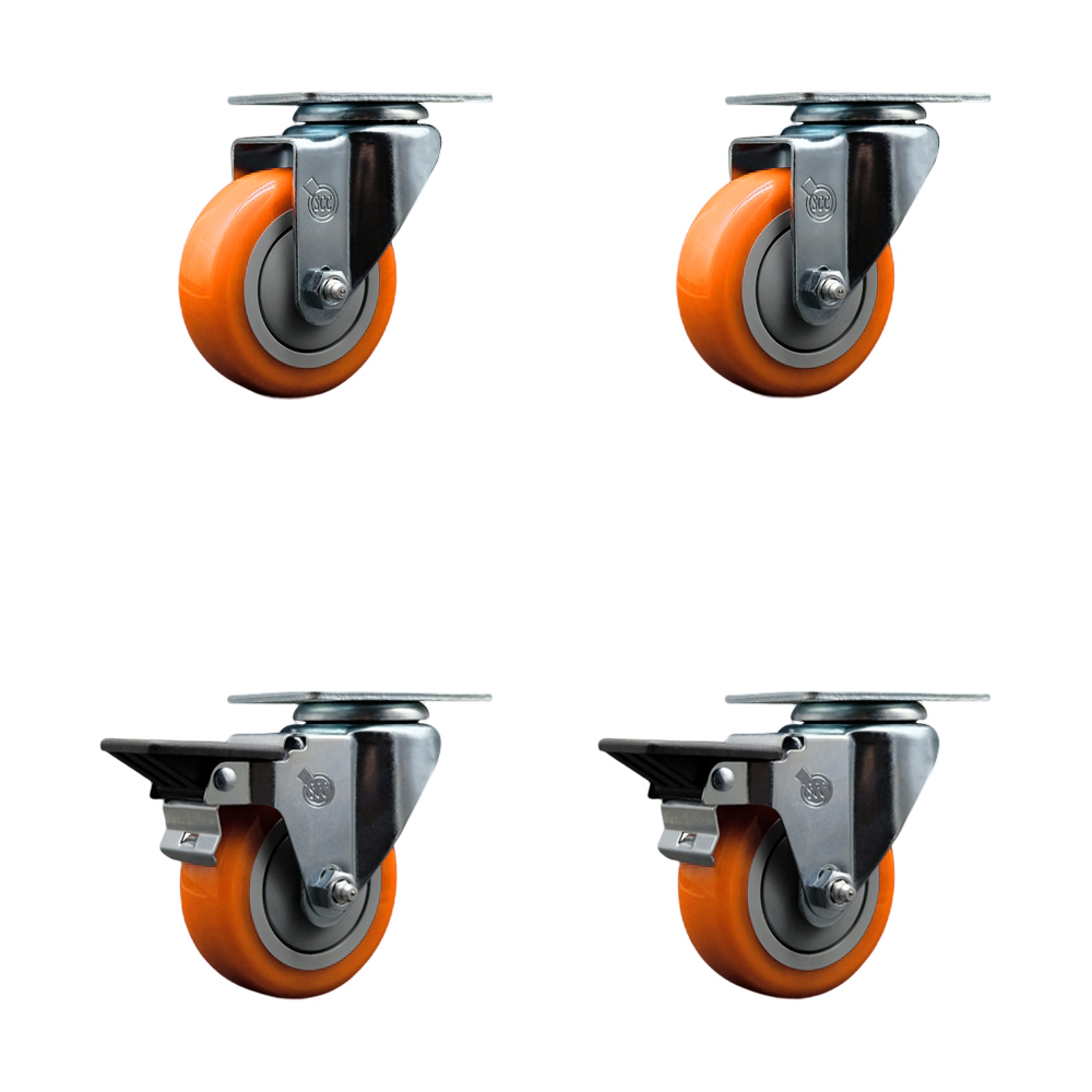 Polyurethane Swivel Top Plate Caster Set of 4 with 3.5 Inch Orange Wheels - Includes 2 Swivel with Posi Locking Brakes and 2 Swivel - 1200 lbs. Total Capacity - Service Caster Brand — photo 1