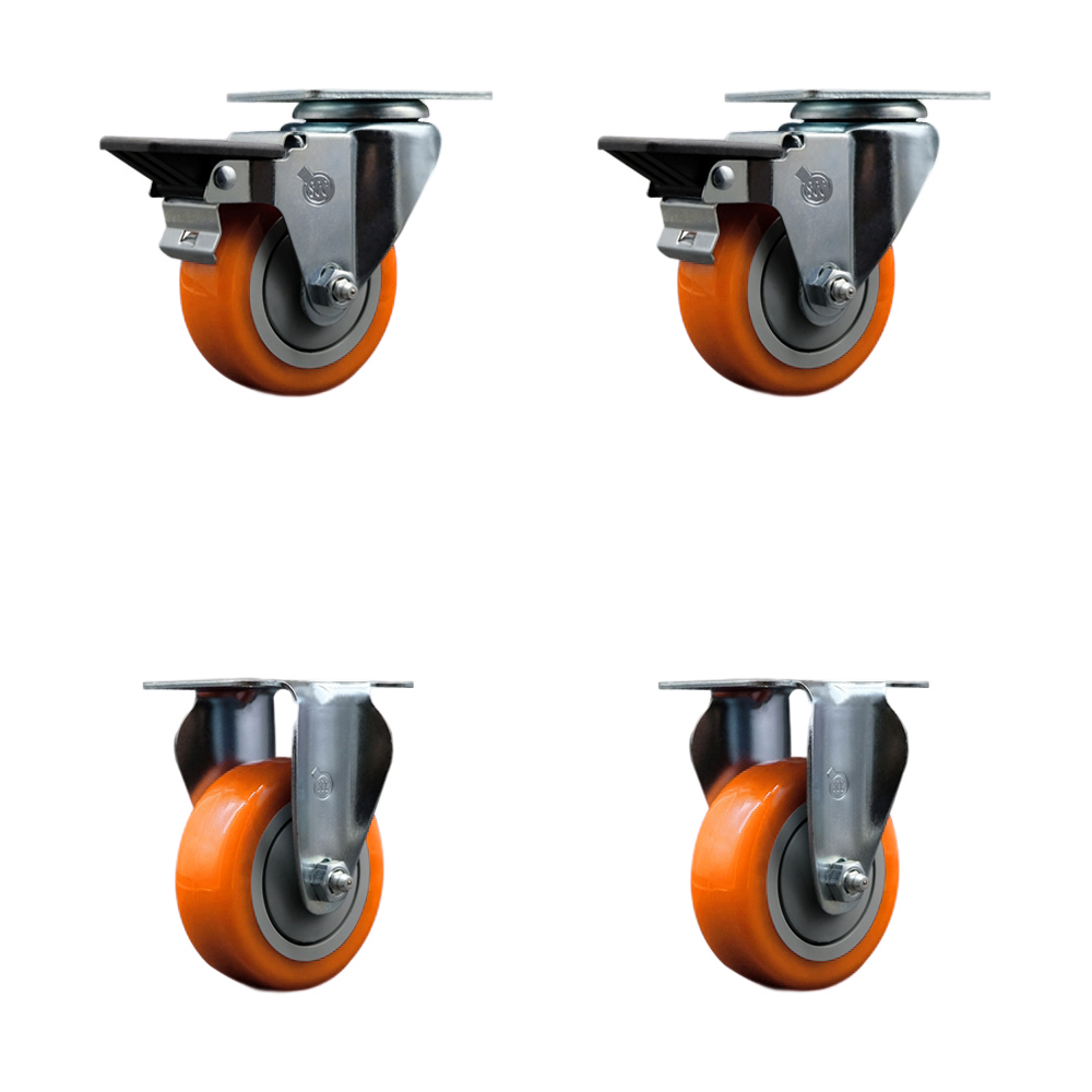 Polyurethane Swivel Top Plate Caster Set of 4 with 3.5 Inch Orange Wheels - Includes 2 Swivel with Posi Locking Brakes and 2 Rigid - 1200 lbs. Total Capacity - Service Caster Brand — photo 1